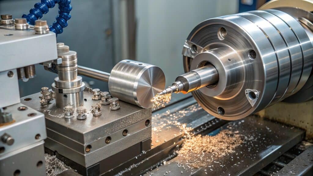 Lathe machine turning an aluminum rod